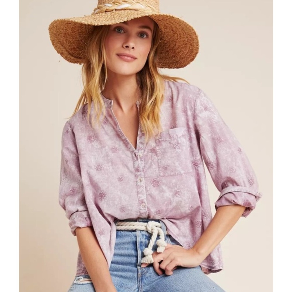 Pilcro and the Letterpress Anthropologie Mauve Floral Tufted Button Down Top XS